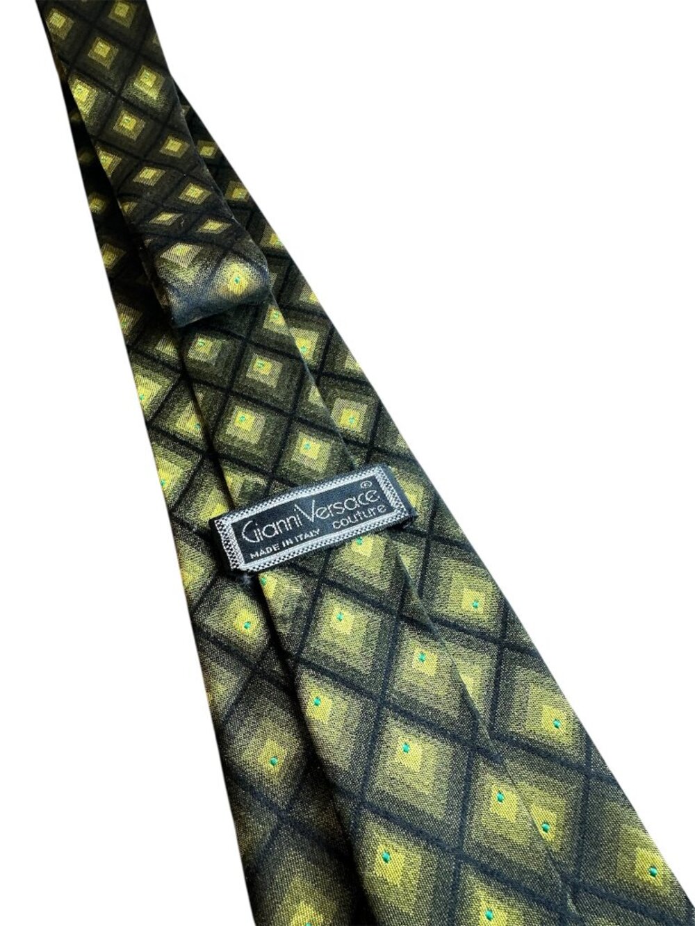 Vintage Gianni Versace Couture 100% Silk Tie Geometric Diamond Harlequin Green